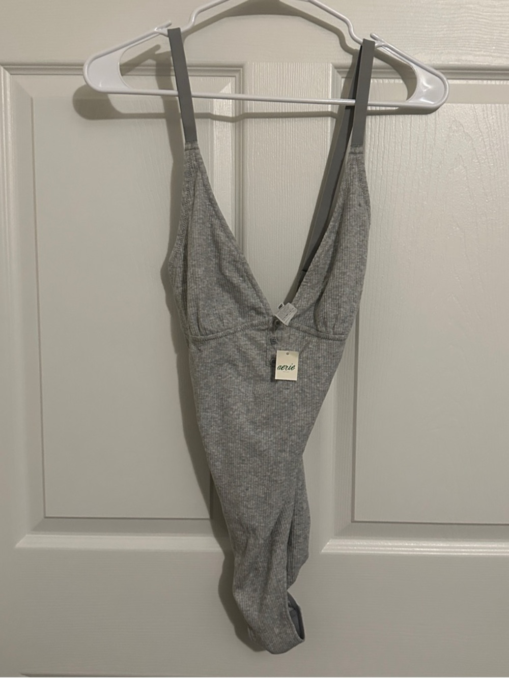 aerie Gray Ribbed V-Neck Bodysuit